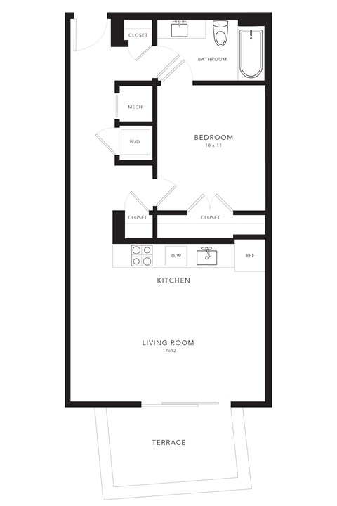 Floor plan for 1 bed, 1 bath, 585 sqft